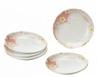 New Japanese Lucky Rabbit Mino Ware Appetizer Plate Set of 5 Ceramic Small Plates Microwave and Dishwasher Safe Made in Japan Gift Set