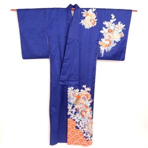 Used Japanese Kimono for Women | Blue Silk Kimono with Elegant Floral Pattern | Vintage Traditional Japan Formal Robe