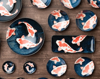 Made in Japan 4 pieces set Dish Blue Colored Carp Ceramic Awasaka Sinse 1961