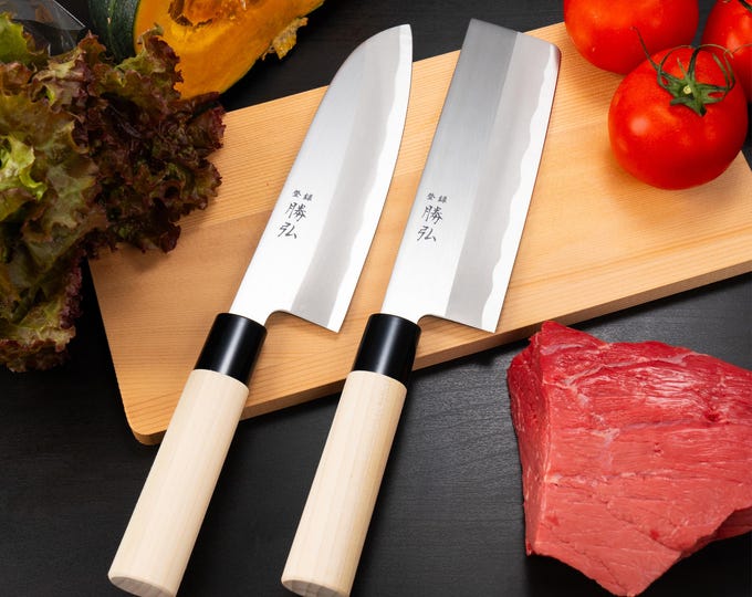 Made in Seki Japan｜Katsuhiro 2pc Japanese Knife Set｜Santoku & Nakiri｜Molybdenum Vanadium Steel｜Wood Handle｜ Perfect Gift for Any Occasion