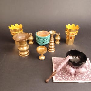 Used Vintage Japanese Buddhist Altar Set: Butsugu Brass Ritual Tools, Rin Bell, Incense Burner & Vases