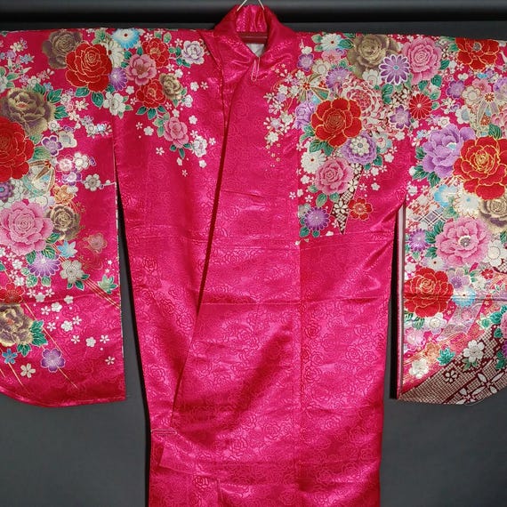 Used Japanese Kimono Koburisode 2-shaku Sode for Hakama Shiny Red With Floral Pattern Washable Polyester Graduation Dress & Made in Japan