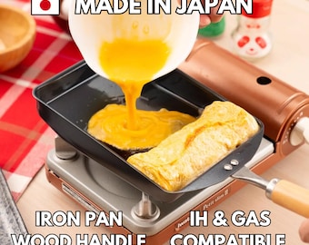 Japanese Tamagoyaki Pan – Rectangular Iron Omelette Pan with Wooden Handle – 7.9 x 5.5 in – Gas and IH 200V Compatible – Made in Japan