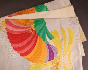Used Japanese Fukuro Obi – Silver Base with Multicolor Embroidery of Chrysanthemum Motif – Formal Vintage Kimono Sash Belt from Japan