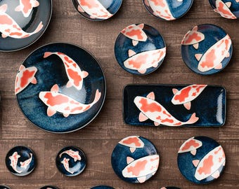 Japanese Koi Fish Ceramic Dinnerware Set | Minoyaki Bowl, Plate, Mug, Chopstick Rest | Unique Gift for Asian Food Lovers | Made in Japan