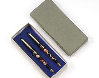 Japanese Makie Ballpoint Pen Set – 2 Gold and Silver Lacquer Pens – Mt. Fuji and Crane Design – Made in Japan – Higashide Shikki Luxury Gift