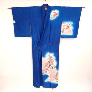 Unused Japanese Kimono for Women | Blue Silk Kimono with Elegant Floral Pattern | Vintage Traditional Japan Formal Robe