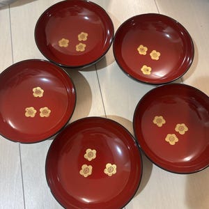 Aizu Lacquerware Bowl Set of 5 – Red & Black Japanese Soup Bowls with Gold Plum Blossoms, Lids and Instructions – New Unused Gift Set