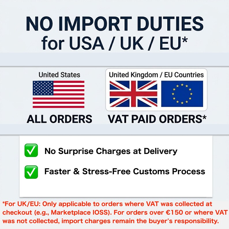 May include: Graphic with text "NO IMPORT DUTIES for USA / UK / EU*". Includes flags of the United States, United Kingdom, and EU. Text states "ALL ORDERS" and "VAT PAID ORDERS*". Also includes "No Surprise Charges at Delivery" and "Faster & Stress-Free Customs Process."