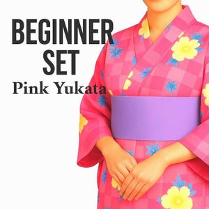 Used Pink Yukata Dressing Set with Pre-tied Hanhaba Obi, Kimono Board, Magic Belt & Waist Ties – Easy Summer Kimono Kit
