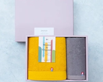Imabari Organic Cotton Towel Set - Japanese Mustard and Greige Towels, Soft and Eco-Friendly, Wedding and New Home Gift