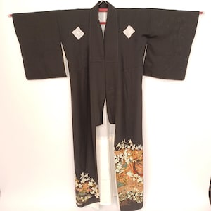 Unused Japanese Kurotomesode Kimono with Gold Floral & Gosho Cart, Minor Dye Transfer, 66in,  168cm, Formal Wear