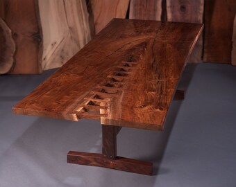 Claro Walnut Trestle Table with Copper Accents