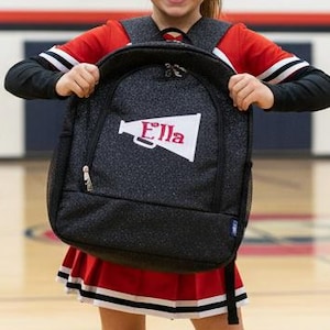 Sac à dos personnalisé Cheer - Sac mégaphone noir pailleté - Cadeau de pom-pom girl avec nom personnalisé