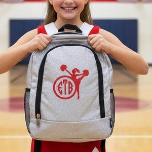 Personalized Silver Cheer Backpack - Custom Glitter Bag with Red Cheerleader - Girls Team Gift