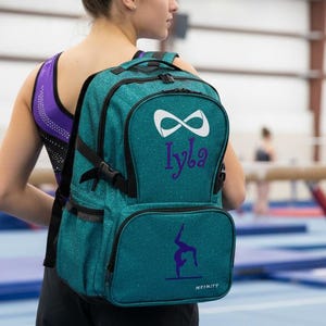 Personalisierte Gymnastik Rucksack | Benutzerdefinierte Name Teal Sparkle Tasche | Nfinity Gymnast Geschenk | Wettbewerb Turnbeutel | Team Award Geschenk