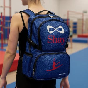Personalisierter Gymnastikrucksack, Name Blue Sparkle Bag, Nfinity Turnerrucksack, Konkurrenzausrüstung, Gymnastikgeschenk für Teenager