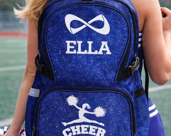 Mochila de animadora azul marino con nombre, bolso de animadora personalizado, bolso de animadora personalizado para niñas, mochila de gimnasia con purpurina Infinity.