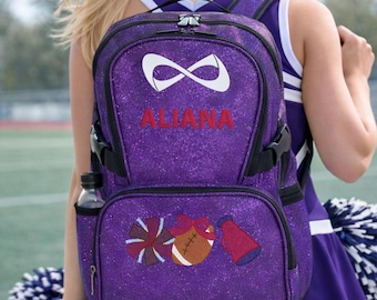 名前入りのパーソナライズされたチアリーダーバックパック、紫色のグリッターチアリーダーバッグ、チアアイコンデザイン