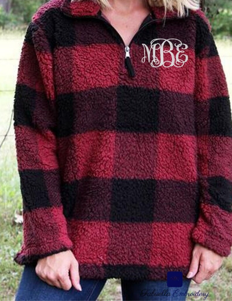 Monogrammed Plaid Sherpa Pullover Garnet