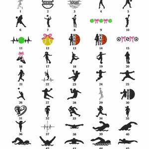 a collection of sports and athletic designs, including silhouettes of athletes, sports balls, and other sports-related icons.