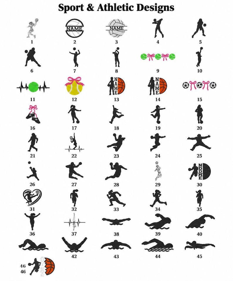 a collection of sports and athletic designs, including silhouettes of athletes, sports balls, and other sports-related icons.