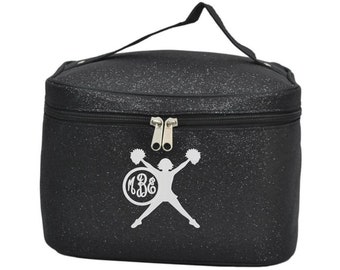 Black Glitter Cheerleader Cosmetic Case, Monogram Cosmetic Make up Bag