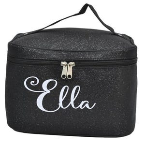 Elegant Black Glitter Monogram Cosmetic Bag, Luxury Makeup & Travel Organizer