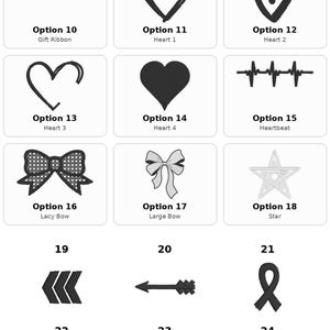 a collection of various design options, including symbols, shapes, and icons, presented in a grid format.