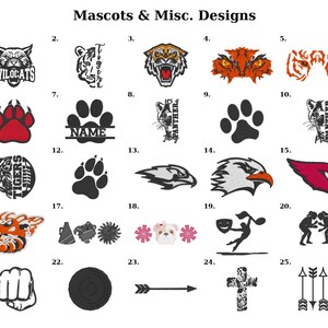 a collection of various mascot and mascot-related designs, including animal heads, paw prints, and other symbols.