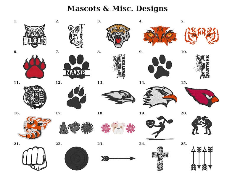 a collection of various mascot and mascot-related designs, including animal heads, paw prints, and other symbols.