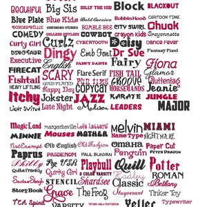 a collage of various words and phrases in different fonts and sizes, including names, titles, and descriptions of different topics and events.