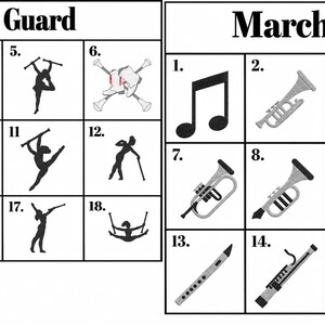 a list of marching band designs and a color guard list, both featuring various marching band instruments and dancers.