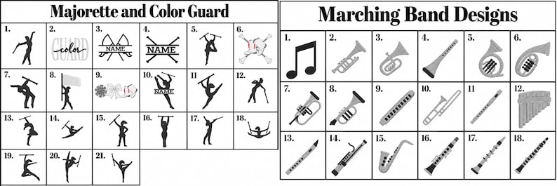 a list of marching band designs and a color guard list, both featuring various marching band instruments and dancers.