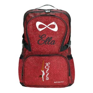 Nfinity Red Sparkle Cheer Backpack — Personalized Handstand Design, Monogram, 19&quot; with Laptop Pocket