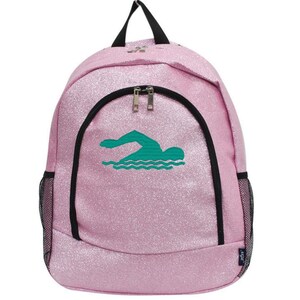Personalized Pink Glitter Backpack: Embroidered Swimmer, Cheer, Dance