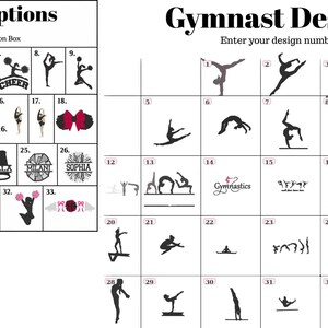 a collection of various cheer and gymnastics-related design options, including silhouettes of cheerleaders, gymnasts, and other athletic figures. The design options are presented in a grid format, with each row representing a different type of cheer or gymnastics-related design. The image does not contain any text that can be described in more detail, and it does not include any additional information about the design options or their significance.