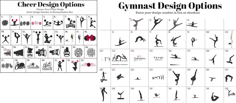 a collection of various cheer and gymnastics-related design options, including silhouettes of cheerleaders, gymnasts, and other athletic figures. The design options are presented in a grid format, with each row representing a different type of cheer or gymnastics-related design. The image does not contain any text that can be described in more detail, and it does not include any additional information about the design options or their significance.