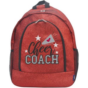 Red Glitter Backpack: Embroidered Cheer Coach Design