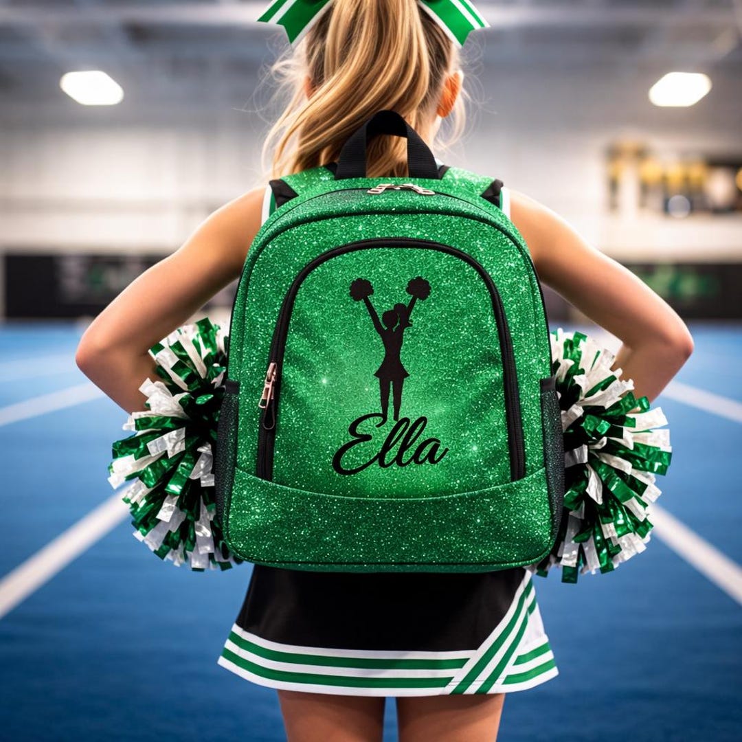 Personalized Cheer Backpack Green Glitter – Custom Name Cheerleader Bag ...