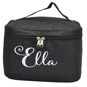 Bolsa de cosméticos elegante com monograma preto brilhante, organizador de maquiagem e viagem de luxo