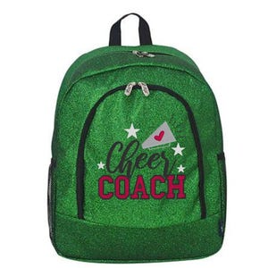 Personalized Green Glitter Backpack: Embroidered Cheer Coach Design