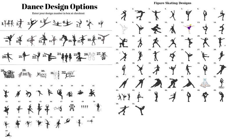 a collection of silhouettes depicting various dance and figure skating poses, along with a form skating design. The silhouettes are arranged in rows and columns, showcasing different poses and movements. The image does not contain any text or additional information beyond the silhouettes, and it does not include any descriptive phrases or generalizations about the poses or designs.