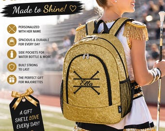 Mochila personalizada para majorettes, bolso de baile con purpurina dorada y nombre personalizado, bolso para batutas, bolso de baile para majorettes, regalo para concursos de desfiles