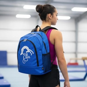 Personalized Gymnastics Backpack, Blue Glitter Gym Bag, Embroidered Silhouette