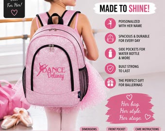 Mochila de baile rosa personalizada para niñas, bolso de baile con purpurina y nombre personalizado, mochila de ballet, bolso para clases de baile, regalo de recital para bailarinas.