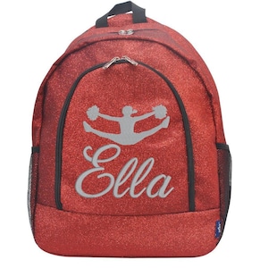Red Large Glitter Backpack, Cheerleader Toe Touch Personalized