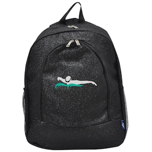 Personalized Black Glitter Backpack: Embroidered Swimmer, Cheer, Dance