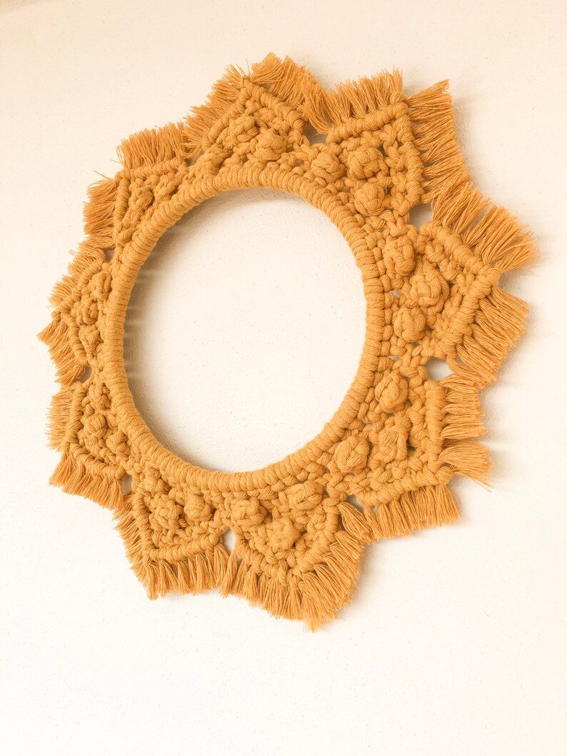 Yellow Mustard Colored Circular Macrame Wall Hanging on a Etsy