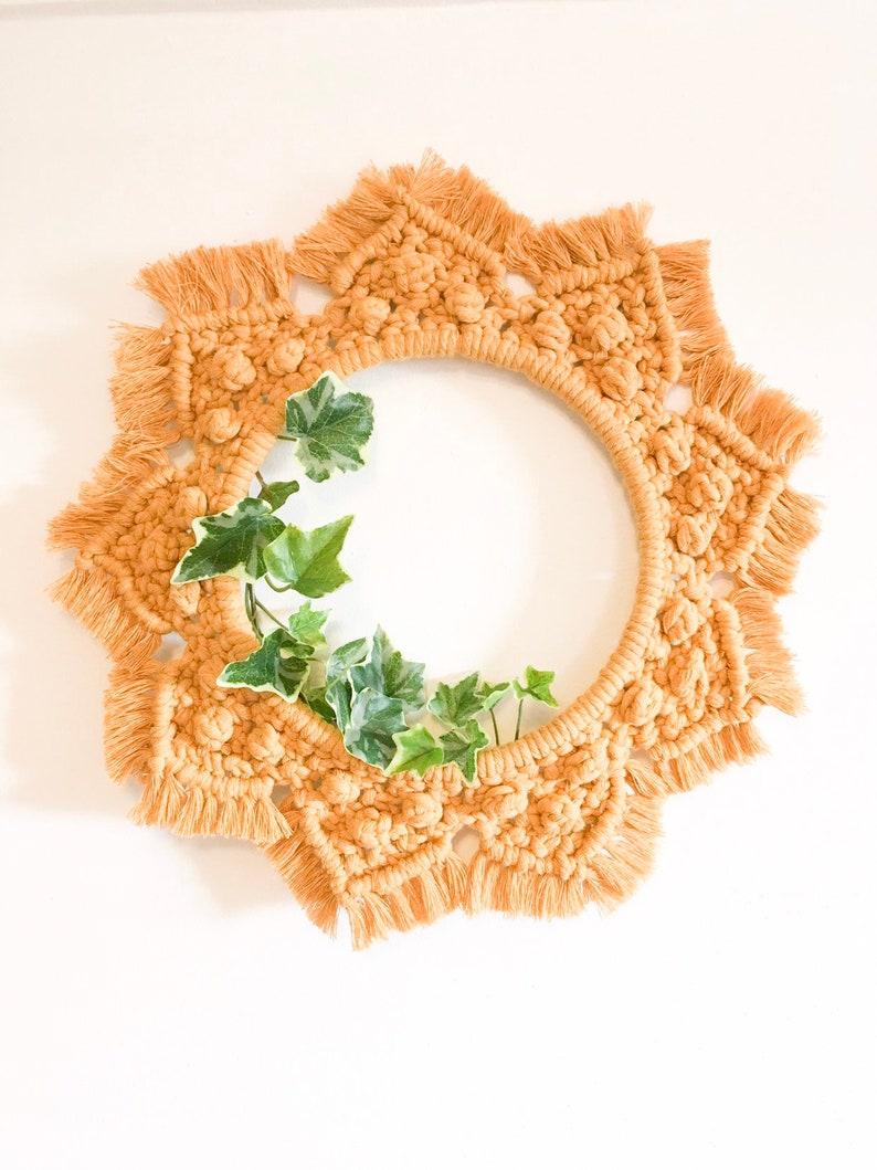 Yellow Mustard Colored Circular Macrame Wall Hanging on a Etsy